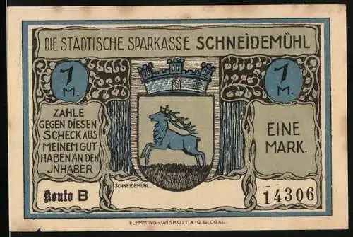 Notgeld Schneidemühl, 1 Mark, Städtische Sparkasse mit Wappen und Brunnenunglück 1893