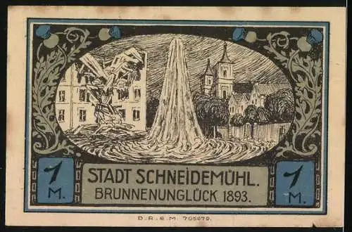 Notgeld Schneidemühl, 1 Mark, Städtische Sparkasse mit Wappen und Brunnenunglück 1893