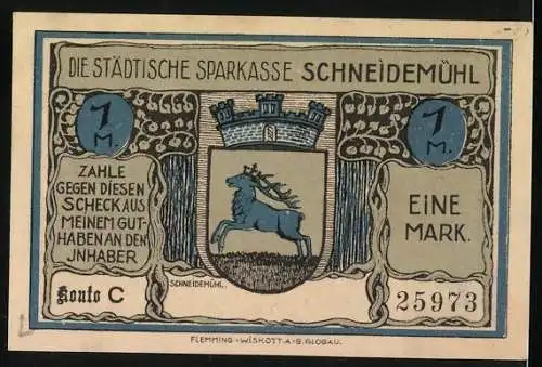 Notgeld Schneidemühl, 1 Mark, Brunnenunglück 1893, Wappen