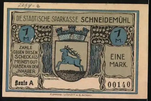 Notgeld Schneidemühl, 1 Mark, Brunnenunglück und Stadtwappen, Serie A 00140