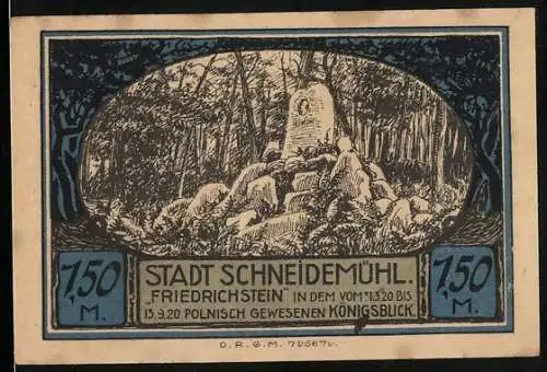 Notgeld Schneidemühl, 1,50 Mark, Vorderseite mit Friedrichstein, Rückseite mit Stadtsparkasse und Wappen