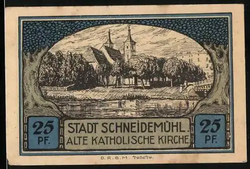 Notgeld Schneidemühl, 25 Pf, Alte Katholische Kirche und Städtische Sparkasse, 42691, 25 Pfennig