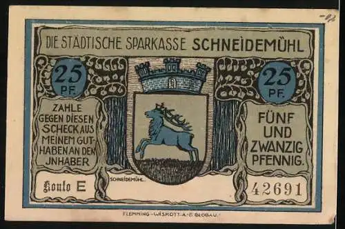 Notgeld Schneidemühl, 25 Pf, Alte Katholische Kirche und Städtische Sparkasse, 42691, 25 Pfennig