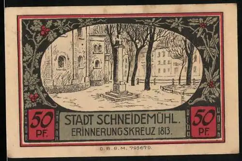 Notgeld Schneidemühl, 1813, 50 Pf, Erinnerungskreuz und Städtische Sparkasse