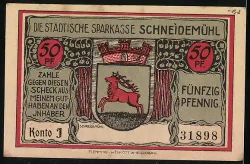 Notgeld Schneidemühl, 1813, 50 Pf, Erinnerungskreuz und Städtische Sparkasse