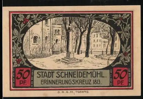 Notgeld Schneidemühl, 50 Pfennig, Erinnerungskreuz 1813, Stadtansicht und Wappen der Sparkasse, Konto 6, Seriennummer