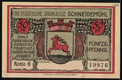 Notgeld Schneidemühl, 50 Pfennig, Erinnerungskreuz 1813, Stadtansicht und Wappen der Sparkasse, Konto 6, Seriennummer