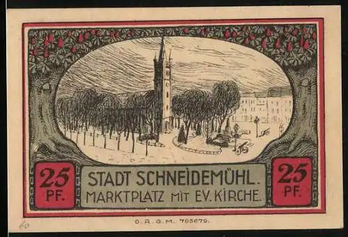 Notgeld Schneidemühl, 25 Pf, Marktplatz mit ev. Kirche, Sparkasse, Stadtwappen mit Hirsch, Konto F, Seriennummer