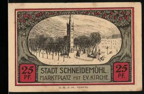 Notgeld Schneidemühl, 25 Pf, Marktplatz mit ev. Kirche und Stadtwappen mit Hirsch