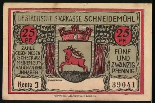 Notgeld Schneidemühl, 25 Pf, Marktplatz mit ev. Kirche und Stadtwappen mit Hirsch