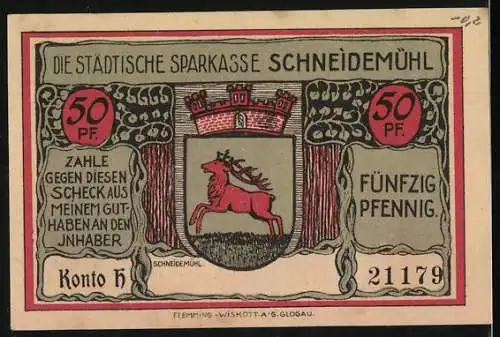 Notgeld Schneidemühl, 1813, 50 Pfennig, Erinnerungskreuz und Stadtwappen mit Hirsch