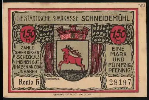 Notgeld Schneidemühl, 1,50 Mark, Städtische Sparkasse Schneidemühl mit Stadtwappen und Stadtansicht