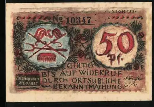 Notgeld Volkstedt 1921, 50 Pfennig, Adler und Zierschale, Nr. 10347, gültig bis auf Widerruf