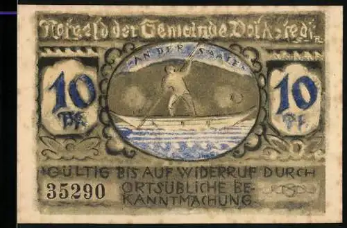 Notgeld Volkstedt 1921, 10 Pfennig, Boot und Wappen, Gültig bis auf Widerruf durch ortsübliche Bekanntmachung