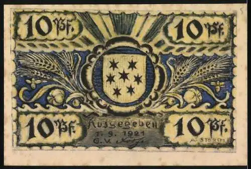 Notgeld Volkstedt 1921, 10 Pfennig, Boot und Wappen, Gültig bis auf Widerruf durch ortsübliche Bekanntmachung