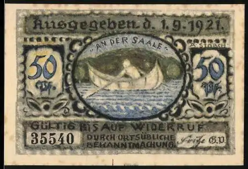 Notgeld Volkstedt, 1921, 50 Pfennig, Front mit Ruderboot auf der Saale, Rückseite mit Vase und Kirchenabbildung