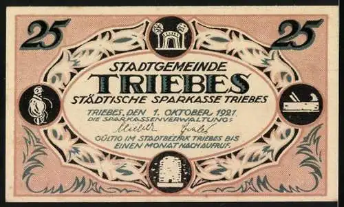 Notgeld Triebes 1921, 25 Pfennig, Gutschein der Stadtgemeinde Triebes mit Spruch und Gebäude, Rückseite mit Verzierung