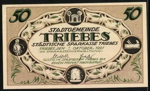 Notgeld Triebes, 1921, 50 Pfennig, Gutschein der Stadtgemeinde Triebes Reuss mit Abbildung eines Gebäudes