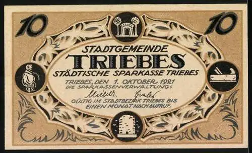 Notgeld Triebes 1921, 10 Pfennig, Gutschein der Stadtgemeinde mit Gebäudeabbildung