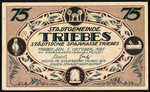 Notgeld Triebes 1921, 75 Pfennig, Industrie- und Gewerbeausstellung 23.-30. Okt 1921, Stadtgemeinde Triebes