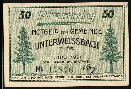 Notgeld Unterweissbach, 1921, 50 Pfennig, Vorderseite mit Bäumen und Text, Rückseite mit Porzellanabbildungen