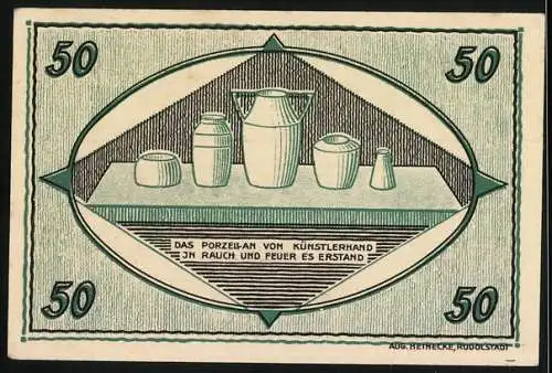 Notgeld Unterweissbach, 1921, 50 Pfennig, Vorderseite mit Bäumen und Text, Rückseite mit Porzellanabbildungen