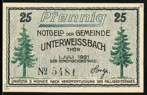 Notgeld Unterweissbach, 1921, 25 Pfennig, Vorderseite mit Bäumen und Rückseite mit Auto und Spruch