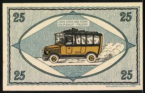 Notgeld Unterweissbach, 1921, 25 Pfennig, Vorderseite mit Bäumen und Rückseite mit Auto und Spruch