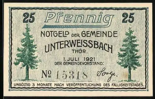 Notgeld Unterweissbach 1921, 25 Pfennig, Vorderseite mit Bäumen und Rückseite mit Reisebus und Spruch