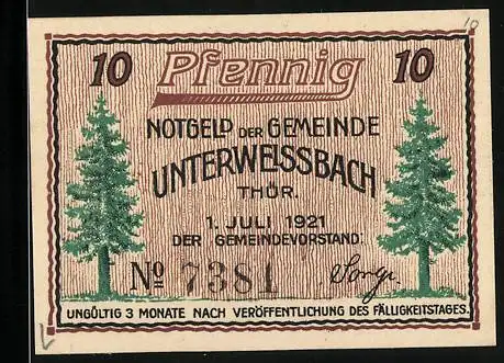 Notgeld Unterweissbach 1921, 10 Pfennig, Vorderseite mit Bäumen und Rückseite mit Besenbinder