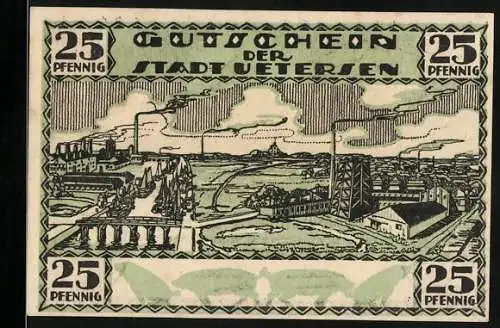 Notgeld Uetersen, 25 Pfennig, Stadtansicht und historische Gebäudeillustration