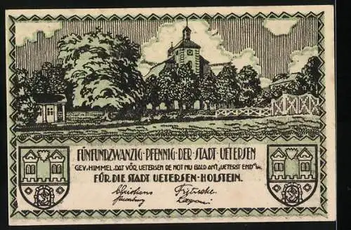 Notgeld Uetersen, 25 Pfennig, Stadtansicht und historische Gebäudeillustration