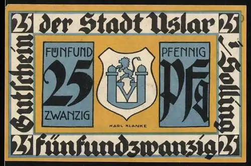 Notgeld Uslar, 1921, 25 Pfennig, Gutschein der Stadt Uslar mit Stadtwappen und Fachwerkhaus