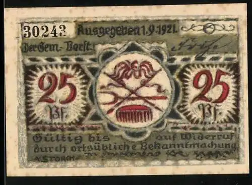 Notgeld Volkstedt 1921, 25 Pf, Seriennummer 30243, Glocke und Profilansicht