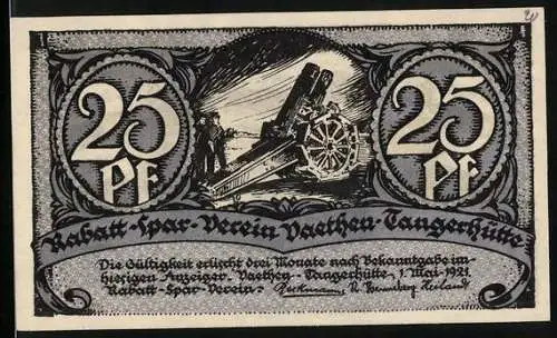 Notgeld Vaethen-Tangerhütte 1921, 25 Pf, Kanone und Truppen beim Manöver