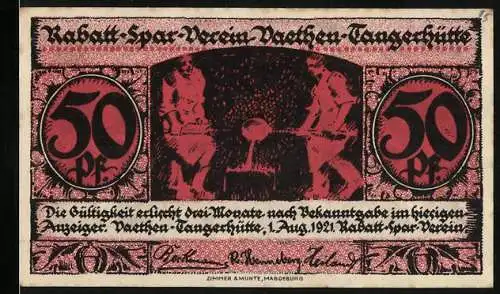 Notgeld Vaethen-Tangerhütte 1921, 50 Pfennig, Rabatt-Spar-Verein mit Schlossansicht und Arbeitsszene