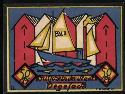 Notgeld Vegesack, 1921, 50 Pf, Segelschiff und Lagerhäuser, Seriennummer 15906
