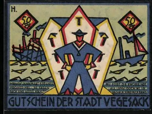 Notgeld Vegesack, 1921, 50 Pfennig, Matrose und Schiffe, Rückseite mit Zahnrädern und Werkzeugen, Seriennummer