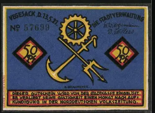 Notgeld Vegesack, 1921, 50 Pfennig, Matrose und Schiffe, Rückseite mit Zahnrädern und Werkzeugen, Seriennummer