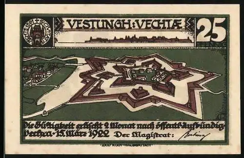 Notgeld Vechta, 1922, 25 Pfennig, Festung Vechta mit historischem Text und Silhouetten-Szene