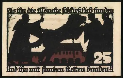 Notgeld Vechta, 1922, 25 Pfennig, Festung Vechta mit historischem Text und Silhouetten-Szene