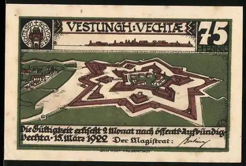 Notgeld Vechta 1922, 75 Pfennig, Festung Vechta und Bauer bei der Arbeit in der Heide