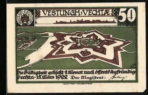 Notgeld Vechta 1922, 50 Pfennig, Festung Vechta und Silhouette eines Mannes mit Schwert im Wald