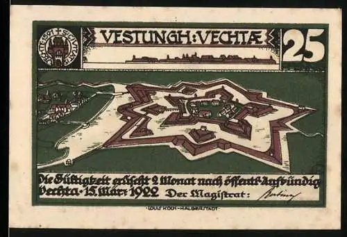 Notgeld Vechta 1922, 25 Pfennig, Festung Vechta und Silhouetten von Soldaten und Reiter auf Pferd