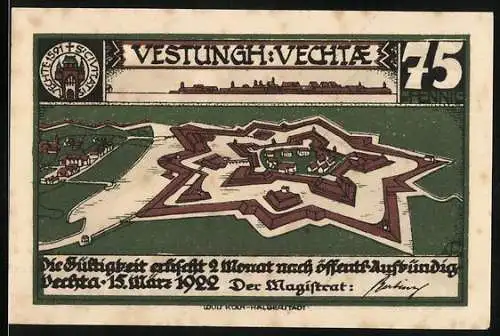 Notgeld Vechta 1922, 75 Pfennig, Festung Vechta mit Hundemotiv auf Rückseite