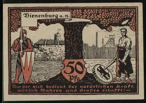 Notgeld Vienenburg, 1921, 50 Pfennig, Ritter und Arbeiter vor Burg und Werkstätten