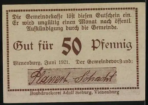 Notgeld Vienenburg, 1921, 50 Pfennig, Szene mit Ritter und Arbeiter, Text Nur der sich bedienet der natürlichen ...