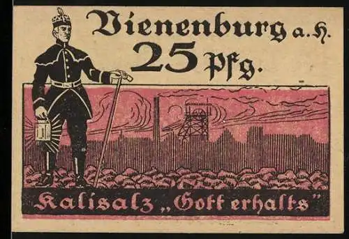 Notgeld Vienenburg 1921, 25 Pfennig, Kalisalz Gofferhalts, Vorderseite mit Bergmann und Industrie, Rückseite mit Text