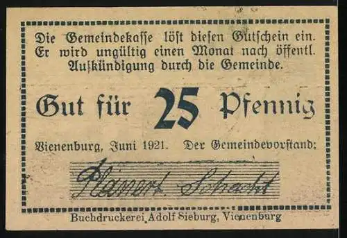 Notgeld Vienenburg 1921, 25 Pfennig, Kalisalz Gofferhalts, Vorderseite mit Bergmann und Industrie, Rückseite mit Text