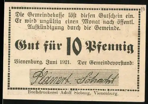 Notgeld Vienenburg 1921, 10 Pfennig, Gutschein mit Unterschrift und Burggrafik